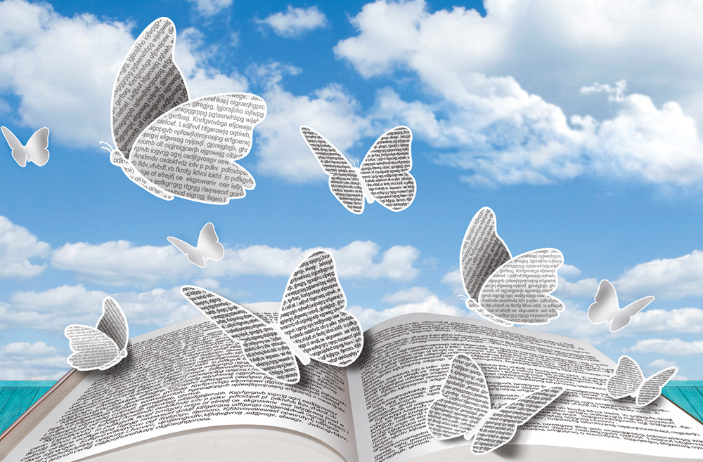 Illustration of open book with butterflies coming out of it